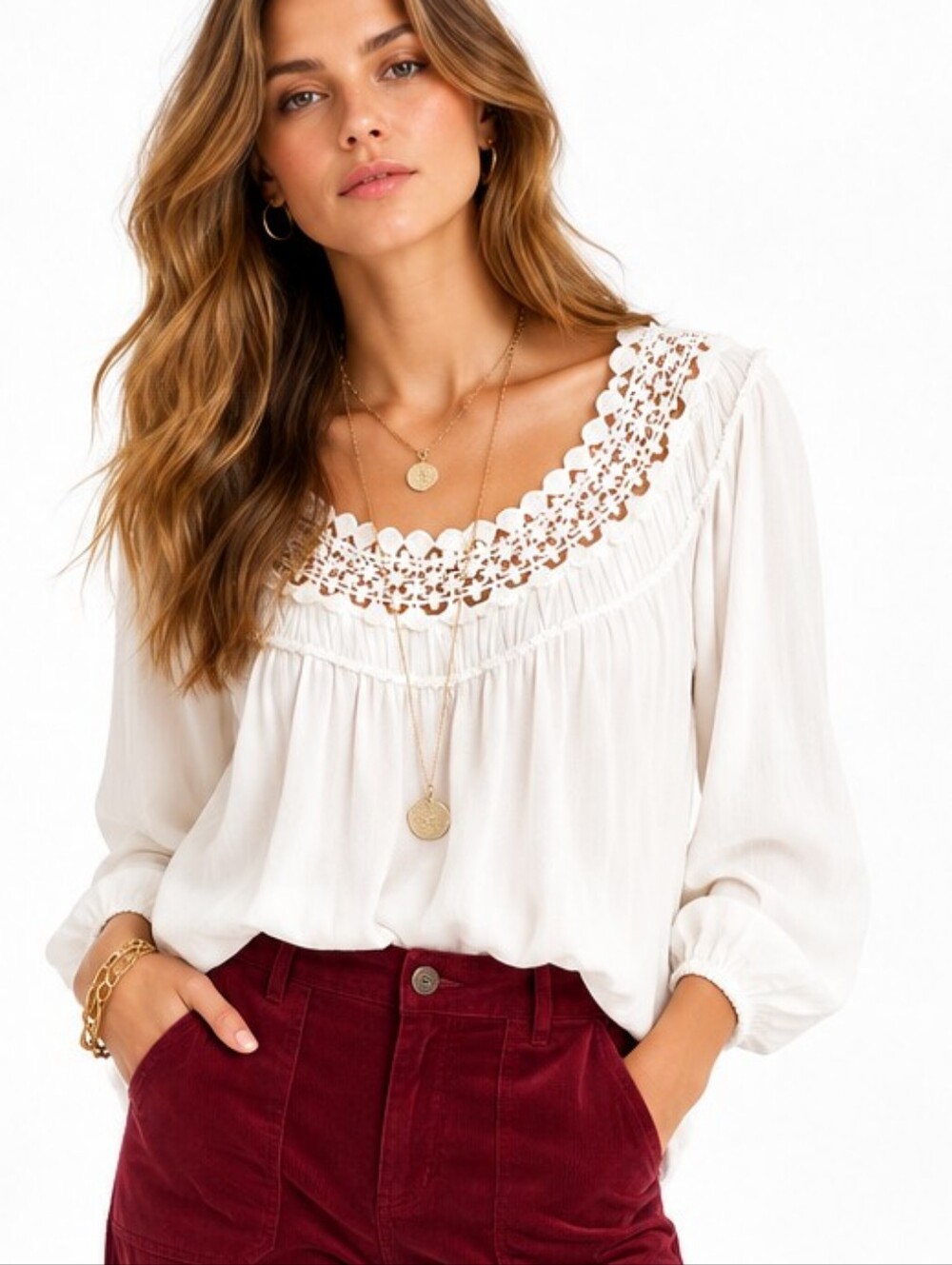 Max Edition Blouse White Eyelet Trim Full Blouse